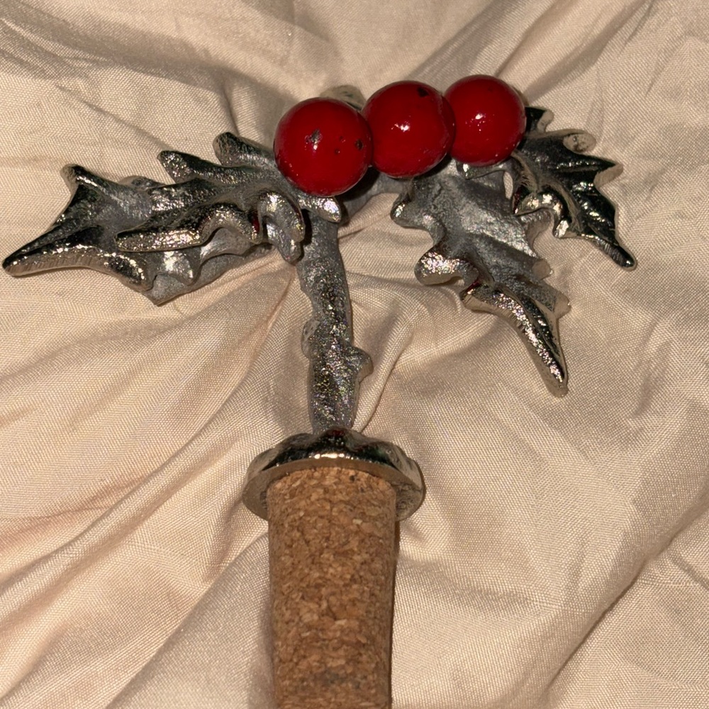 Festive Silver and Red Holly Wine Stopper